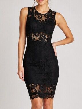 Black Floral Lace Illusion Bodycon Midi Dress Built-In Bra Midriff Cutout Small